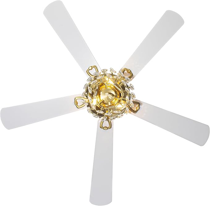 48" Crystal Ceiling Fan with Light and Remote, Brass Flush Mount Chandelier Ceiling Fan, 5-Blade Quiet Reversible AC Motor, Vintage Crystal Fandelier for Living Room Bedroom Dining Room