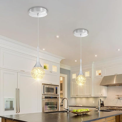 Flashing God Silver 1 Light Teardrop Crystal Pendant Lighting,Integrated Pendant Light with Crystal Bubble for Kitchen Island Globe Fixtures, Chromed Finishe 2700k 4500k 9000k