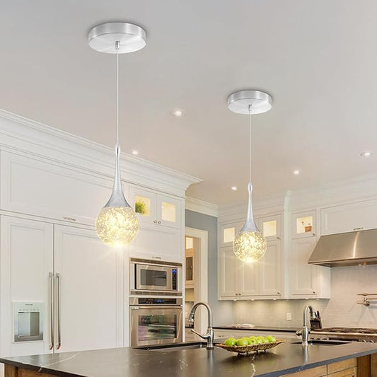 Flashing God Silver 1 Light Teardrop Crystal Pendant Lighting,Integrated Pendant Light with Crystal Bubble for Kitchen Island Globe Fixtures, Chromed Finishe 2700k 4500k 9000k
