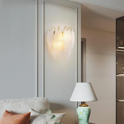 LumFurn 2-Light Gold Wall Sconces, Modern Design Indoor Wall Lamp, Vanity Wall Mount Light Fixture for Bathroom, Hallway, Bedroom, Frosted Feather-Shaped Glass Shade & Brass Finish Frame