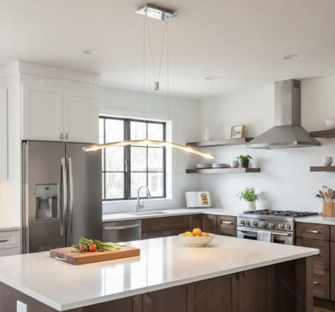 Linear LED Pendant Light Fixture Hanging Chandelier Poor Table Lights Height Adjustable 27W 3000K Warm Lamps for Living Dining Room Kitchen Island Bedroom Bar Restaurant, Brushed Aluminum.