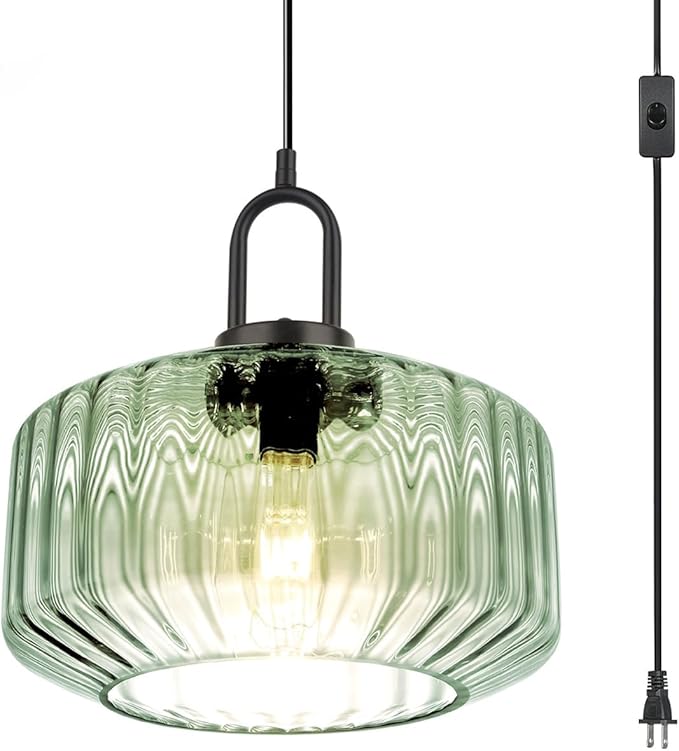 Plug-in Hanging Lamp Light Green Pendant Lights with 14.7 ft Cord Vintage Large Striped Glass Pendant Lamp Modern Glass Hanging Light Plug in Chandelier Lighting Mid Century Swag Lamp
