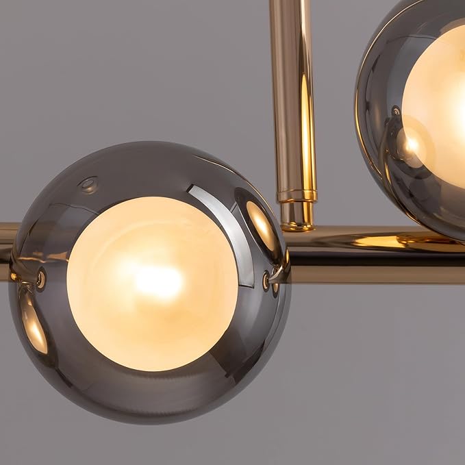 Mid Century Chandelier, Gold Sputnik Pendant Light with Smoky Gray Glass Lampshade,8 Lights Globe Rectangle Linear Chandeliers for Dining Room Kitchen L41INxW10IN