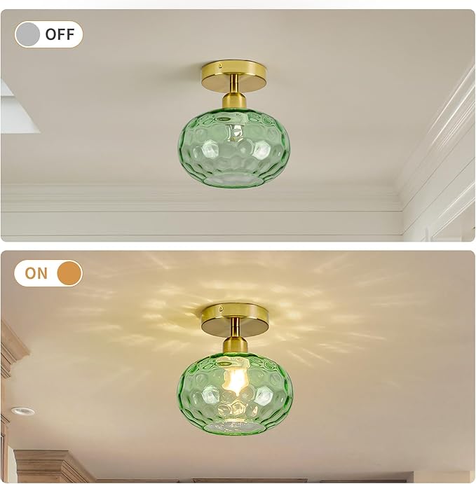 Luafac Green Glass Semi Flush Mount Ceiling Light - 2 Pack,7.9 Inch Hammered Glass Hallway Light fixtures Ceiling, Vintage Gold Art Deco Ceiling Light for entryway Foyer Laundry Room Kitchen