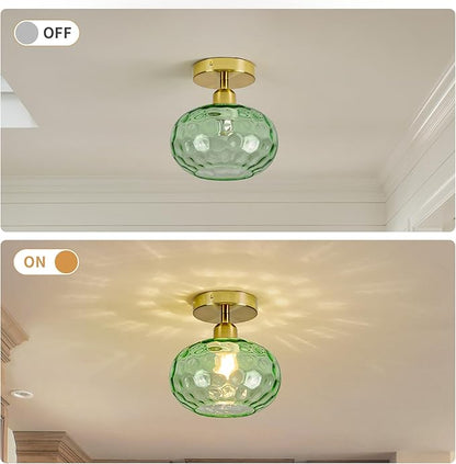 Luafac Green Glass Semi Flush Mount Ceiling Light - 7.9 Inch Hammered Art Deco Glass Small Hallway Light fixtures, Vintage Gold Flush Mount Ceiling Light for entryway Foyer Laundry Room Kitchen