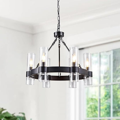 6-Light Large Black Wagon Wheel Chandelier with Glass Shades, 20 Inch Farmhouse Industrial Round Chandelier for High Ceilings, Pendant Lighting Fixture for Dining Living Room Kitchen Island Foyer