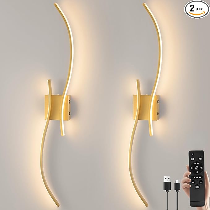 CANEOE Battery Operated Wall Sconce Set of 2, 18000mAh Gold Rechargeable Wall Lights with Remote Control,3000K-6000K Dimmable LED Wireless Wall Light for Living Room Bedroom Hallway,39.3 Inch (Gold)