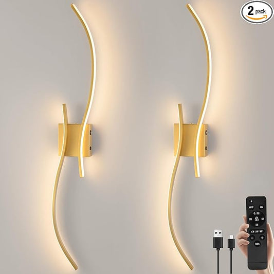CANEOE Battery Operated Wall Sconce Set of 2, 18000mAh Gold Rechargeable Wall Lights with Remote Control,3000K-6000K Dimmable LED Wireless Wall Light for Living Room Bedroom Hallway,39.3 Inch (Gold)