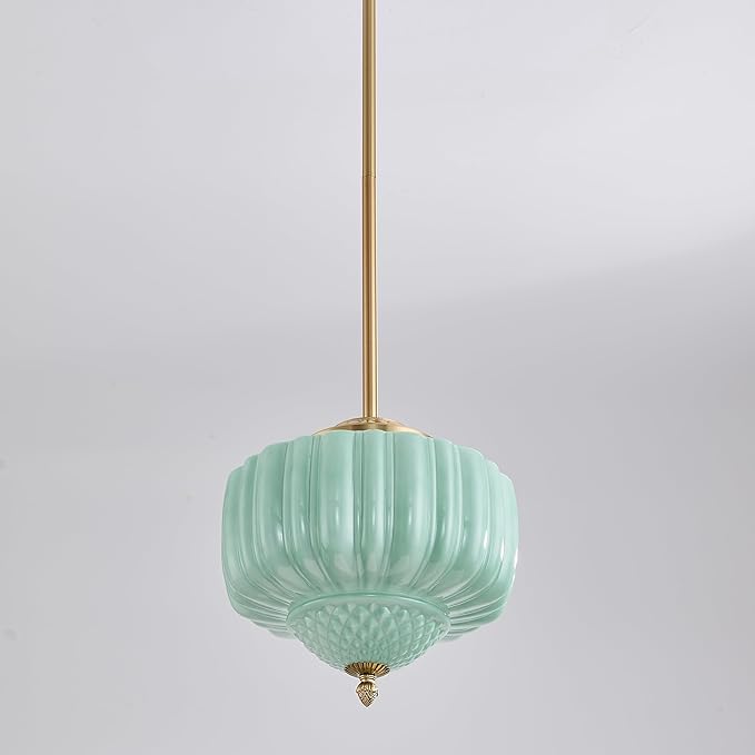 Schoolhouse Pendant Light, 12" Brass Gold Schoolhouse Ceiling Light Fixture with Mint Green Milk Glass Shade, Adjustable Height, Mid Century Modern Pendant Lighting for Kitchen Island Dining Room