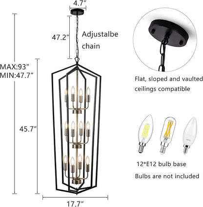 Lanhall 12-Light Lantern Tired Foyer Entryway Hanging Lights Farmhouse High Ceiling Pendant Lights Industrial Chandelier for Hall Foyer Entryway Living Room-Brushed Nickel