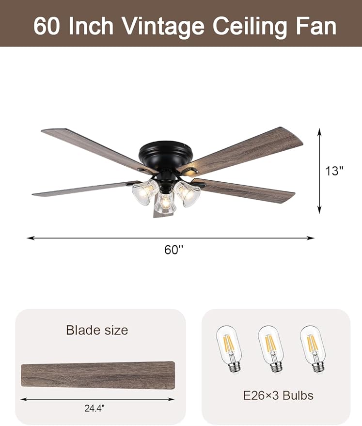60" Flush Mount Vintage Ceiling Fan with Lights and Remote, Farmhouse Rustic Ceiling Fan Low Profile Antique Fandelier Chandelier for Bedroom Living Room, 3 E26 Lights (Bulbs Not Included)