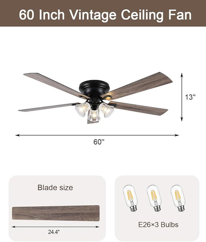 60" Flush Mount Vintage Ceiling Fan with Lights and Remote, Farmhouse Rustic Ceiling Fan Low Profile Antique Fandelier Chandelier for Bedroom Living Room, 3 E26 Lights (Bulbs Not Included)