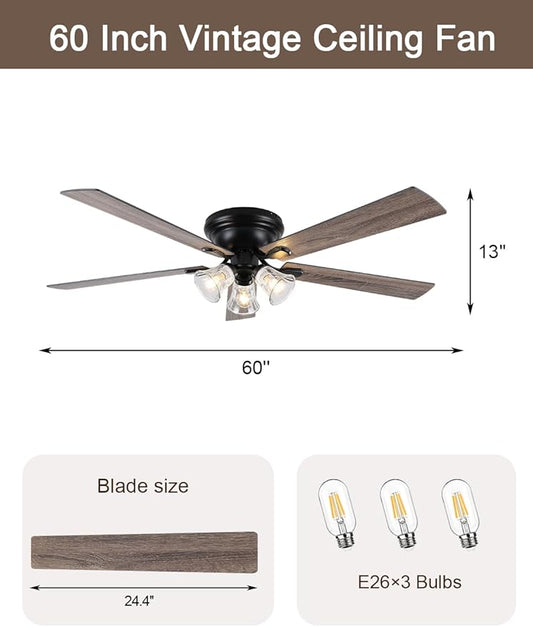60" Flush Mount Vintage Ceiling Fan with Lights and Remote, Farmhouse Rustic Ceiling Fan Low Profile Antique Fandelier Chandelier for Bedroom Living Room, 3 E26 Lights (Bulbs Not Included)