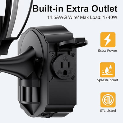 2 Pack Porch Lights Outdoor with Outlet, Motion Sensor outdoor wall lights, Updated Dusk to Dawn Exterior Lighting Fixtures Waterproof Anti-Rust Aluminum Outside for House Entryway Garage, Black