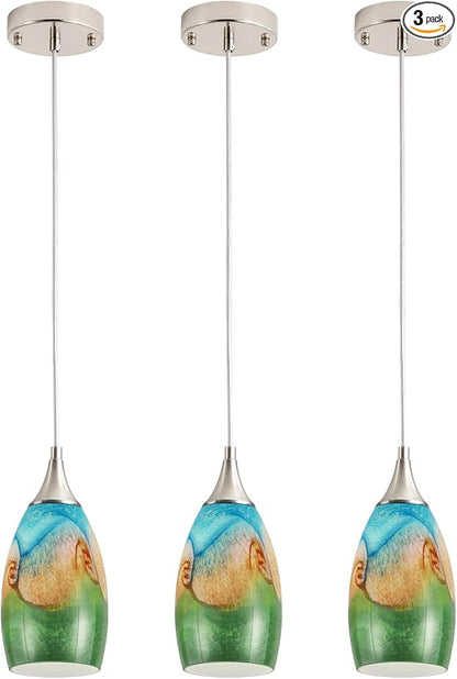 GLADFRESIT Coastal Harmony Pendant Light for Kitchen Islands – Nature's Canvas with Grassland, Beach, and Wave-Inspired Shades, Pack of 3 for Dining Room, Entryway (Bulb Excluded)