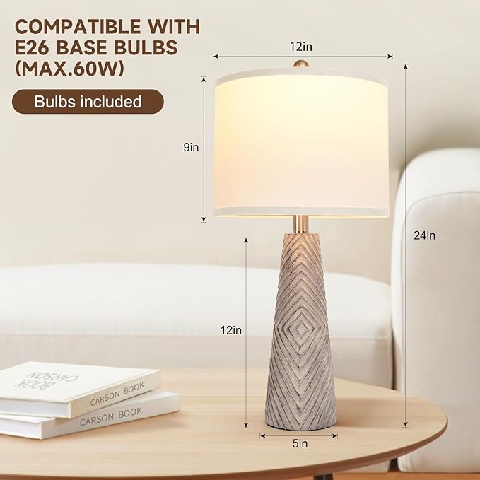 Terpsichore Nightstand Lamp Bedside Lamps Set of 2 Vintage Rustic Farmhouse Table Lamp 3 Way Dimmable Horizontal Stripe Light,for Living Room Bedroom,USB A+C (Gray, Hing 24 in)