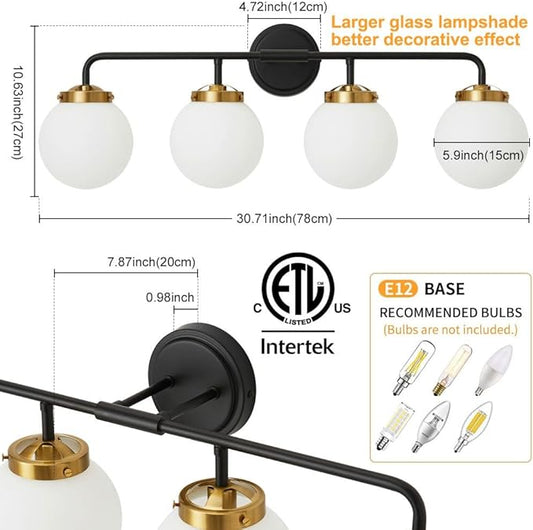 Black Gold Bathroom Light Fixtures Above Mirror, Modern Vanity Lighting with White Glass Globe Shade 4-Light Farmhouse Wall Sconce