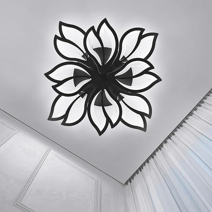Modern LED Ceiling Light Fixture Dimmable, 28" Black Modern Flower Ceiling Light with Remote Control, Low Profile Flush Mount for Bedroom, Kitchen, Living Room