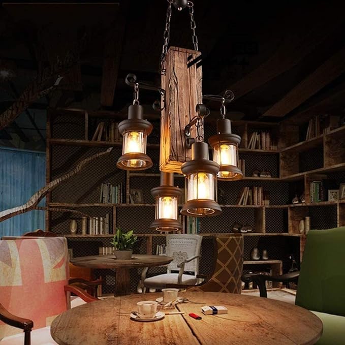 Wood Retro Pendant Lighting Industrial Vintage Chandelier Black Metal Bedroom Restaurant Suspension Lamp Cage Frame with Glass Shade House Loft Bar Coffee Decoration Ceiling Lights Fitting, E27