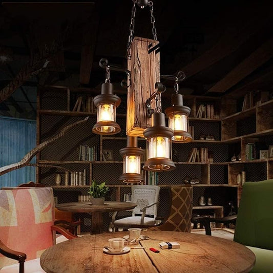 Wood Retro Pendant Lighting Industrial Vintage Chandelier Black Metal Bedroom Restaurant Suspension Lamp Cage Frame with Glass Shade House Loft Bar Coffee Decoration Ceiling Lights Fitting, E27