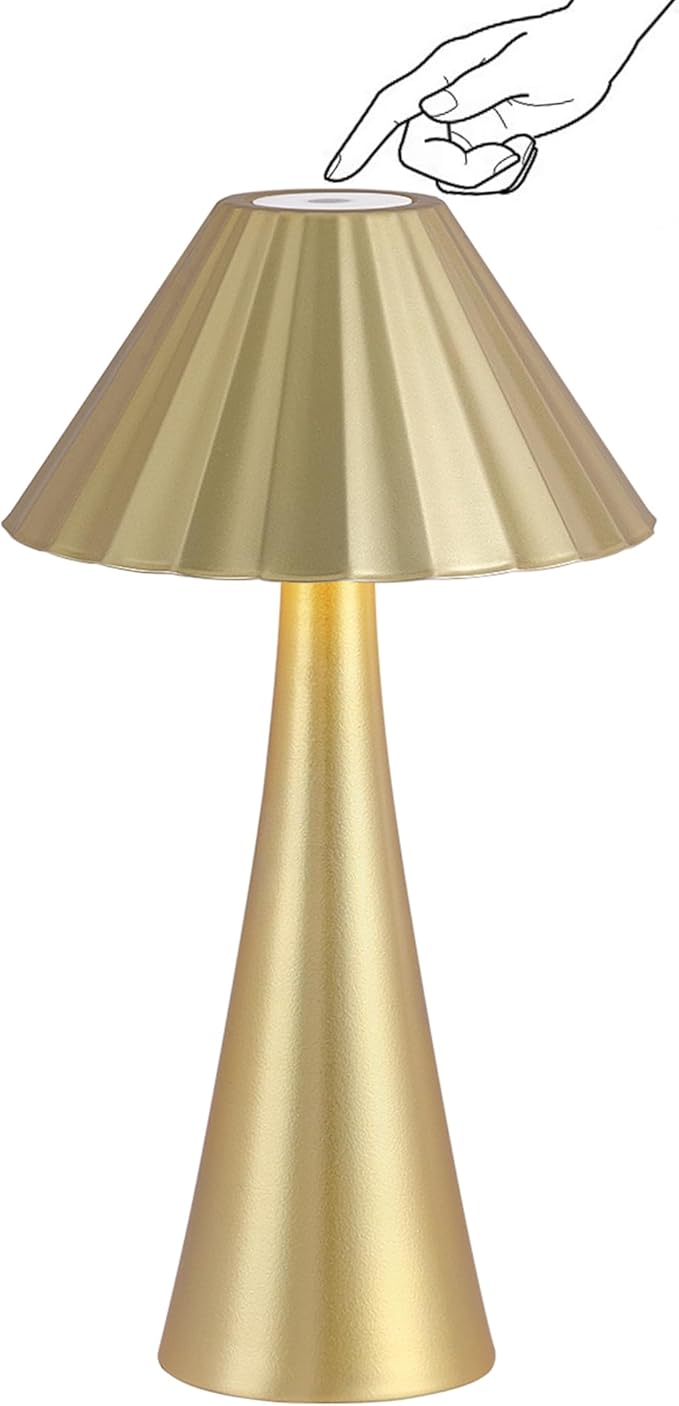 Cordless Rechargeable Table Lamps, Metal LED Desk Lamp with Top Touch Control & Stepless Dimming, Portable Battery-Operated Bedside Lamp for Bedroom, Living Room, Office, Café, Outdoor(Gold)