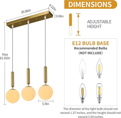 Modern Gold Pendant Light Hanging Fixture Light for Kitchen Island Mid Century with Globe Pendant Light Milk White Glass Pendant Lighting for Living Room Bedroom Entryway (3-Light)