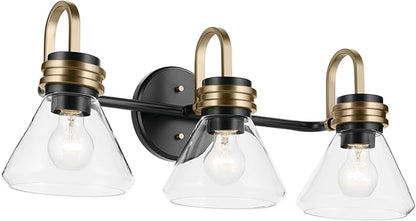 Kichler Farum 26" 3-Light Bathroom Vanity Light Fixture with Clear Glass in Black, Modern Wall Mount Over Mirror for Single or Double Vanity, Powder Room (26" x 9.5" x 9.5"), 55155BKCLR