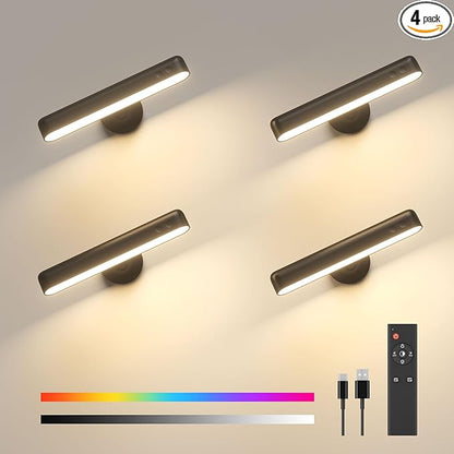 PopoIron Rechargeable LED Wall Sconces 7500mAh Battery Operated Wall Lamps for Bedroom, Touch and Remote Control, 3 Colors Wall Lights 360° Rotate Dimmable Brightness with 15 RGB Colors,Black 4 Pack