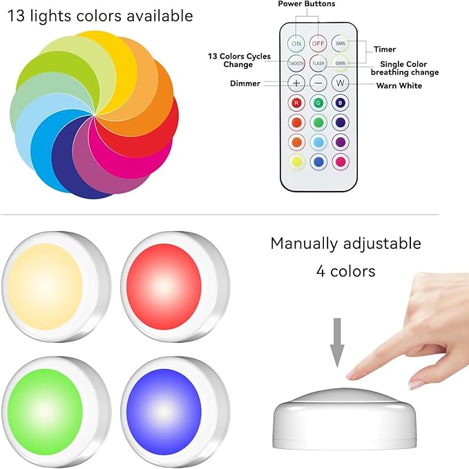 SEMSMOKS Battery Operated LED Push Lights with Wireless Remote, 13 Color RGB - for Closet, Bedroom Wall, Under Cabinet, Battery Powered Puck Lights. Convenient 3M Stick On(Black, 2-Packs)