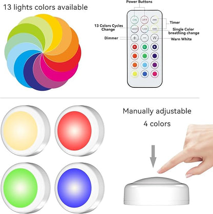 SFMSMOks Ratterv Oneratedl FD Puck liahts with Wireless Remote,13 Color RGB -for Closet, Bedroon Wal, Under Cabinet, Battery Powered Push Lights.Convenient 3M Stick On (White,2-Packs)