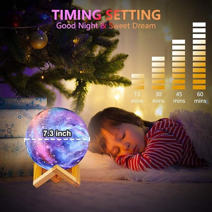 Moon Lamp Kids Night Light, Galaxy Lamp 16 Colors 3D Star Moon Light with Wood Stand, Remote & Touch Control USB Rechargeable Gift for Girls Lover Birthday (7.3 inch)