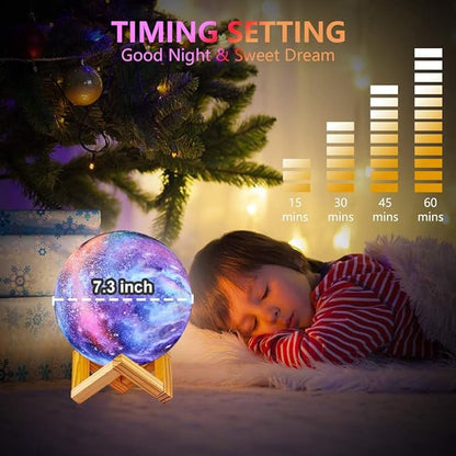 Moon Lamp Kids Night Light, Galaxy Lamp 16 Colors 3D Star Moon Light with Wood Stand, Remote & Touch Control USB Rechargeable Gift for Girls Lover Birthday (7.3 inch)