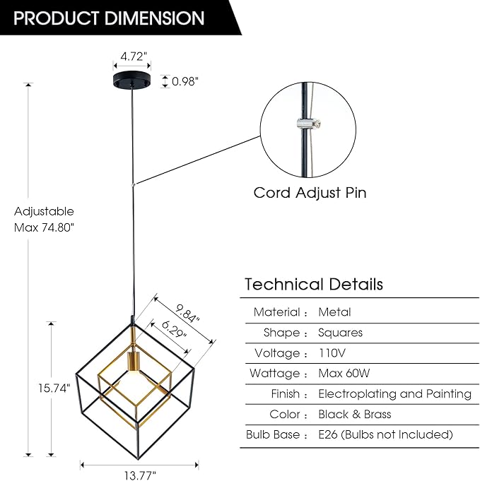 Modern Geometric Chandelier, 1-Light Metal Pendant Light Fixture Black Brass Hanging Ceiling Light Industrial Farmhouse Cube Lighting for Kitchen Island Entryway, E26 Base