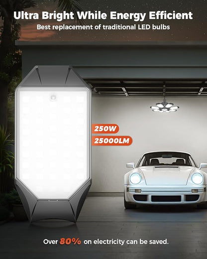 Motion Sensor Garage Light, 25000LM Motion Sensor Shop Light with 8 Foldable Panels, 6500K Indoor Motion Activated LED Light Bulb for Garage, Workshop, Utility Room (1 Pack)