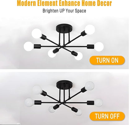 SPOLI Sputnik Ceiling Light Fixture, Dining Room Chandelier, Modern 6-Light All Black Industrial Pendant Semi Flush Mount for Kitchen Living Bedroom, E26 Base, Bulbs Not Included
