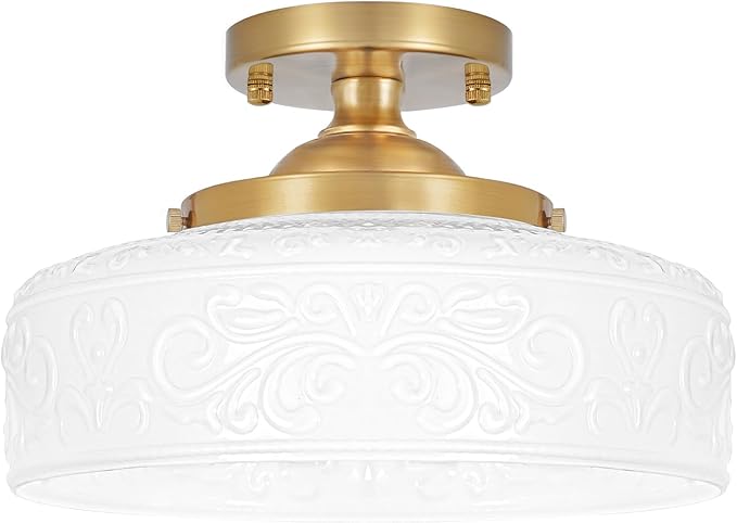 Daunton Gold Semi Flush Mount Ceiling Light with Hand-Carved Design - 12 Inch Vintage White Glass Shade with Etched Patterns, Easy Install 3-Light Fixture for Hallway, Kitchen, Bedroom