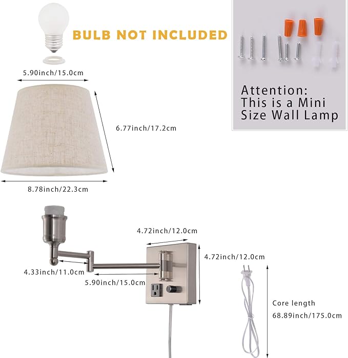 Bedside Wall Mount Light with Dimmable Switch and Outlet, Swing Arm Fabric Shade Wall Sconce Light with USB Port and Plug in Cord, Satin Nickel Wall Lamp for Bedroom, Living Room and Hotel