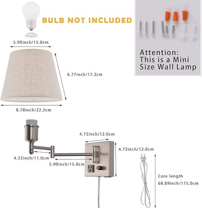 Bedside Wall Mount Light with Dimmable Switch and Outlet, Swing Arm Fabric Shade Wall Sconce Light with USB Port and Plug in Cord, Satin Nickel Wall Lamp for Bedroom, Living Room and Hotel