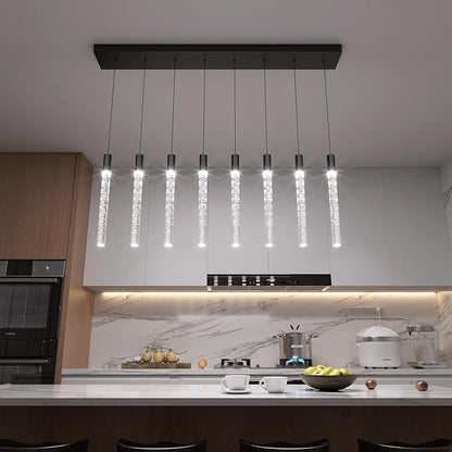 8-Light Black Rectangular Crystal Chandelier Modern LED Dimmable Crystal Column Pendant Lighting for High Ceiling Kitchen Island Entryway Living Room