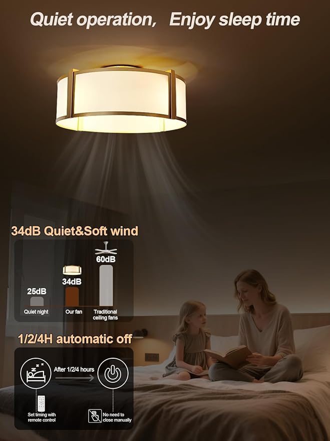 zheshirui Gold Caged Ceiling Fan with Light, 20" Flush Mount Boho Ceiling Fans with Lights Remote Control, Fabric Bladeless Caged with 6 Speeds for Bedroom, Nursery, Living Room