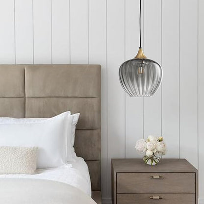 Glass Lampshade Pendant Light Kitchen Island, 9" Vintage Hanging Lamp Ceiling Lighting Fixture, Brushed Gold Modern Chandelier for Dining Room Restaurant Foyer Entryway (Smoke Grey)