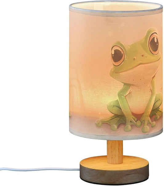 Cute Frog Animal Table Lamp with Wood Base Fabric Lamp Shade Bedside Nightstand Desk Lamp for Living Room Bedroom Kids Room Office