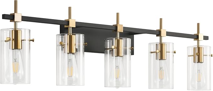 SOLFART 40.1 inch Vintage Brass Bathroom Vanity Light fixtures Bathroom Wall Lights Over Mirror with Glass Shade 5 Light