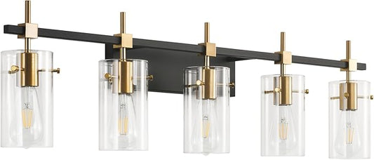 SOLFART 40.1 inch Vintage Brass Bathroom Vanity Light fixtures Bathroom Wall Lights Over Mirror with Glass Shade 5 Light