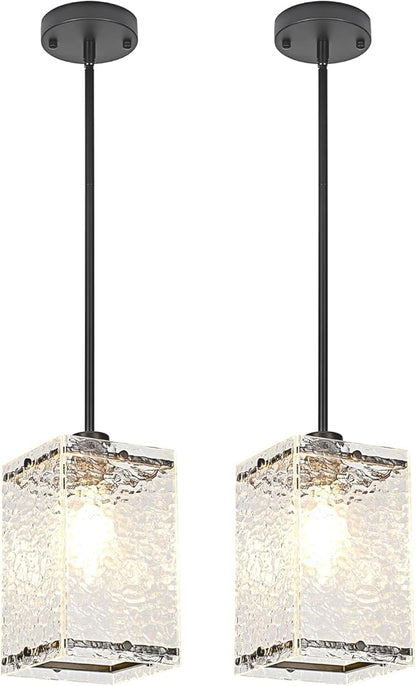 Water Ripple Glass Pendant Lights Black Pendant Lights Kitchen Island Adjustable Modern Hanging Pendant Light Fixtures for Sink Kitchen Dining Room Foyer Entryway, 2 Pack