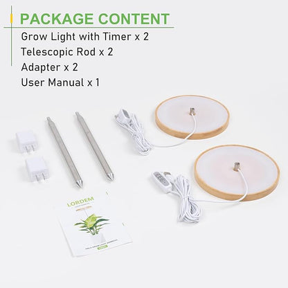LORDEM Bamboo Grow Light for Indoor Plants, Full Spectrum LED Plant Grow Light, Height Adjustable Growing Lamp with Auto Timer 4H/8H/12H, 4 Dimmable Levels, Ideal for Large Tall Plants, 2 Pack