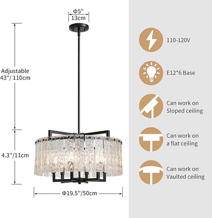 Shrine Lighting Crystal Chandeliers, Modern Luxury Style, Perfect Pendant Light Fixture for Living Space, D20'' × H4'', Adjustable 43'', 6 x E12 Sockets, Glass Shade & Black Finish Frame