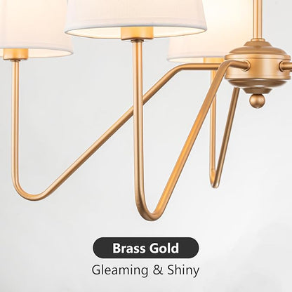 Brass Gold Chandeliers for Dining Room, 5-Light Modern Pendant Light Fixture Over Table with White Shade Farmhouse Lighting Fixtures for Living Room Bedroom Hallway Height Adjustable