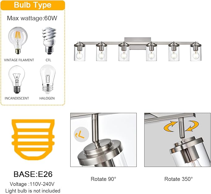 BONLICHT Transitional 6-Light Glass Track Lighting Kit Directional Ceiling Spot Light Brushed Nickel Modern Bathroom Vanity Wall Lights for Kitchen Living Room Office, Flexibly Rotatable Light Head