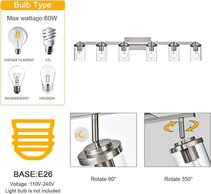 BONLICHT Transitional 6-Light Glass Track Lighting Kit Directional Ceiling Spot Light Brushed Nickel Modern Bathroom Vanity Wall Lights for Kitchen Living Room Office, Flexibly Rotatable Light Head